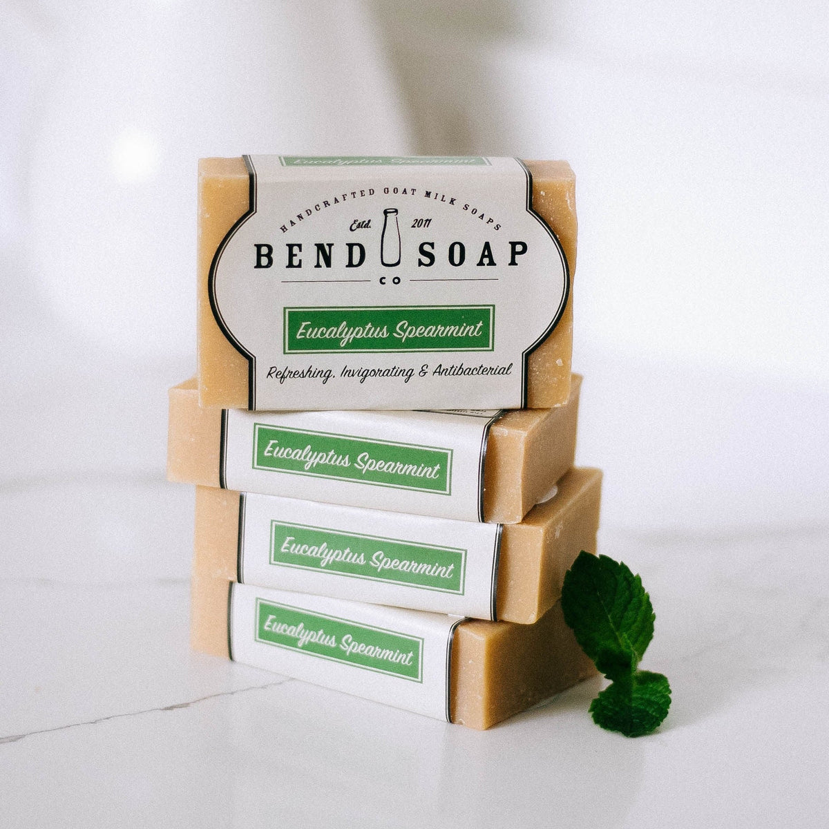 stack of eucalyptus spearmint goat milk soap bars
