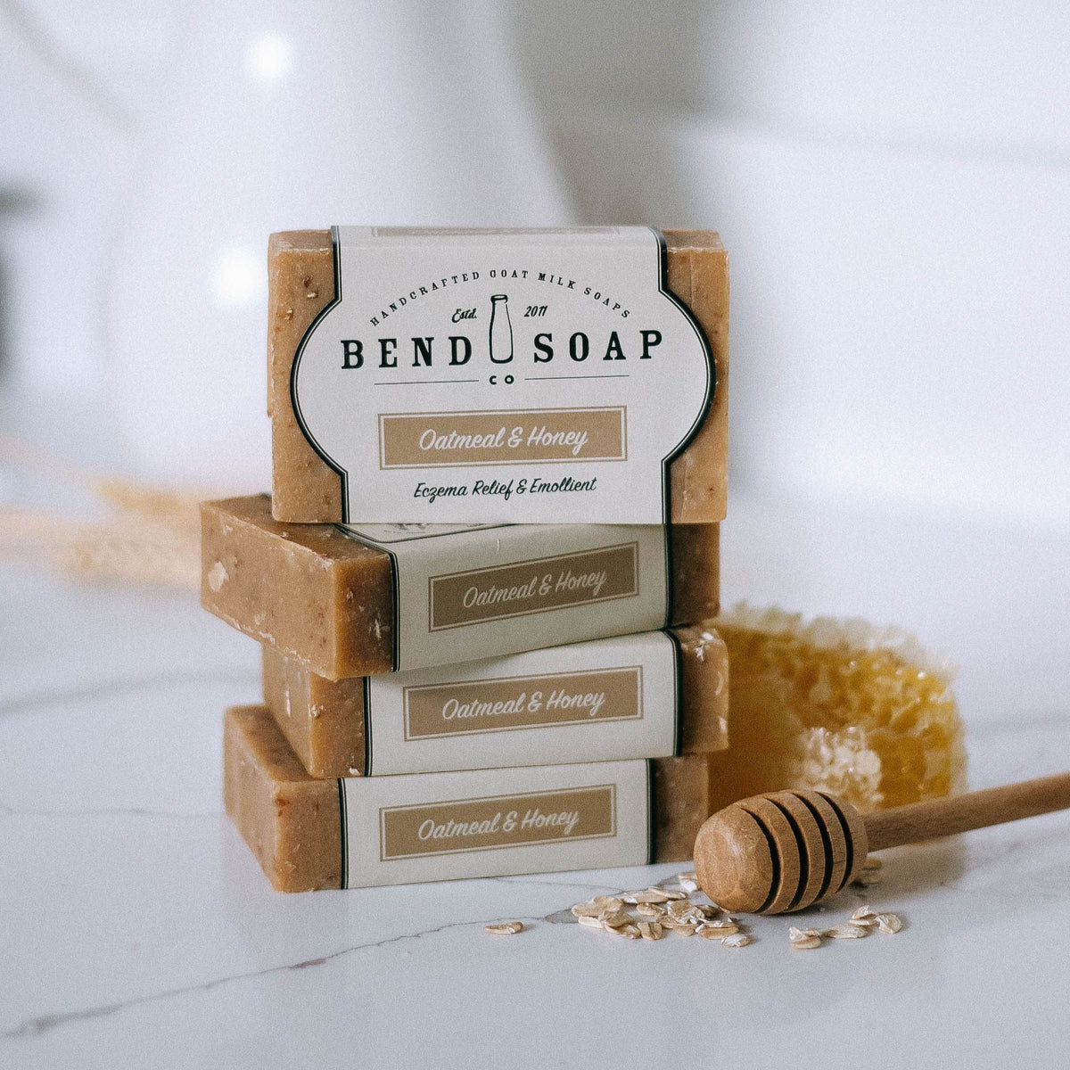 stack of bend soap oatmeal and honey soap bars