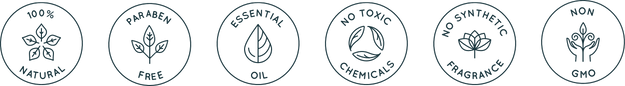 Six round icons with text: "100% Natural," "Paraben Free," "Essential Oil," "No Toxic Chemicals," "No Synthetic Fragrance," and "Non GMO," each with a relevant plant or leaf illustration.