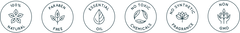 Six circular icons with line art symbols and text: “100% Natural,” “Paraben Free,” “Essential Oils,” “No Toxic Chemicals,” “No Synthetic Fragrance,” and “Non GMO.”.
